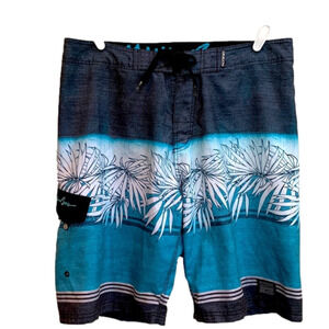 Maui and Sons Mens Board Shorts, Size 36, Turquoise, Charcoal Tropical Print.